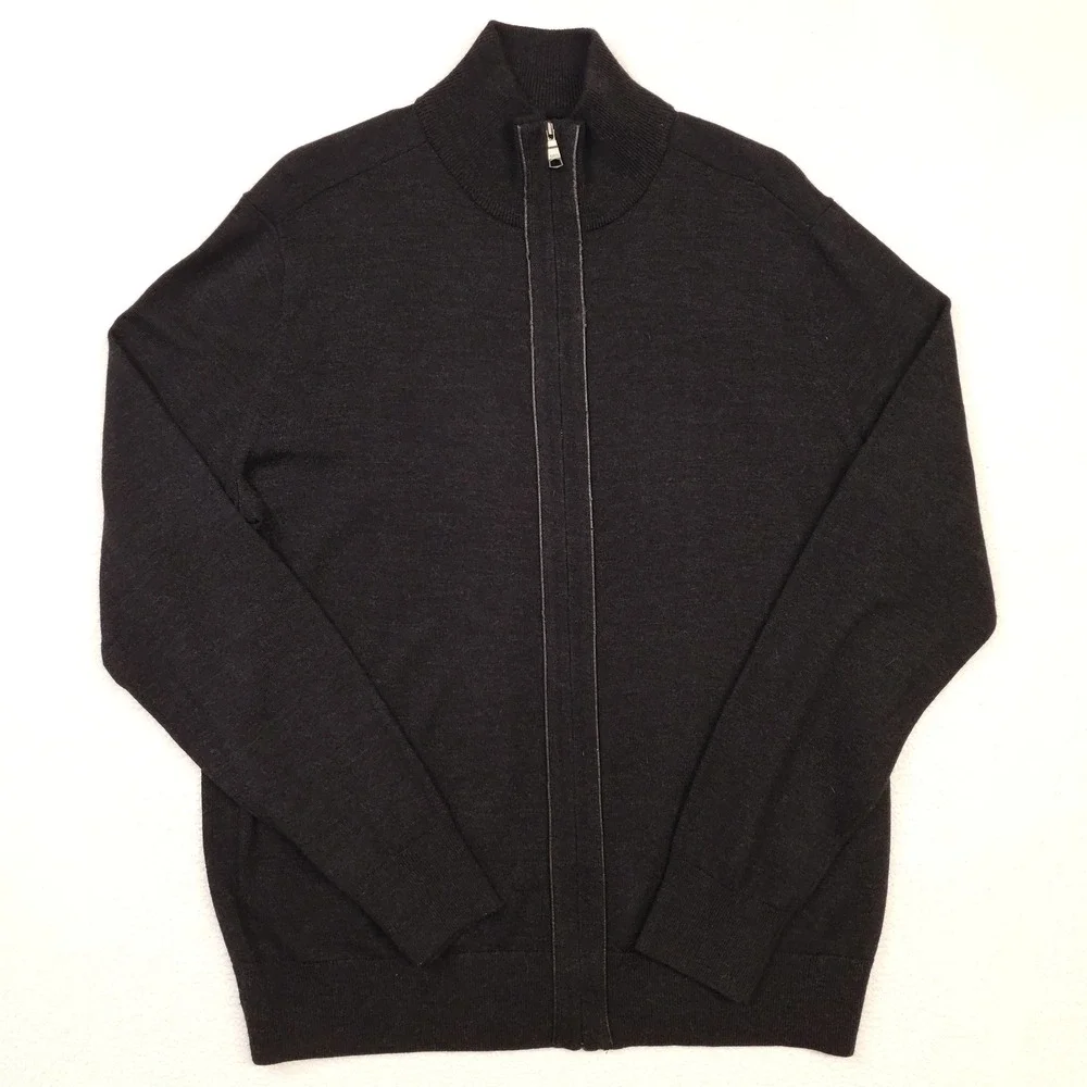 Banana Republic Full Zip Sweater Mens Large Charcoal Gray Merino Wool Knit